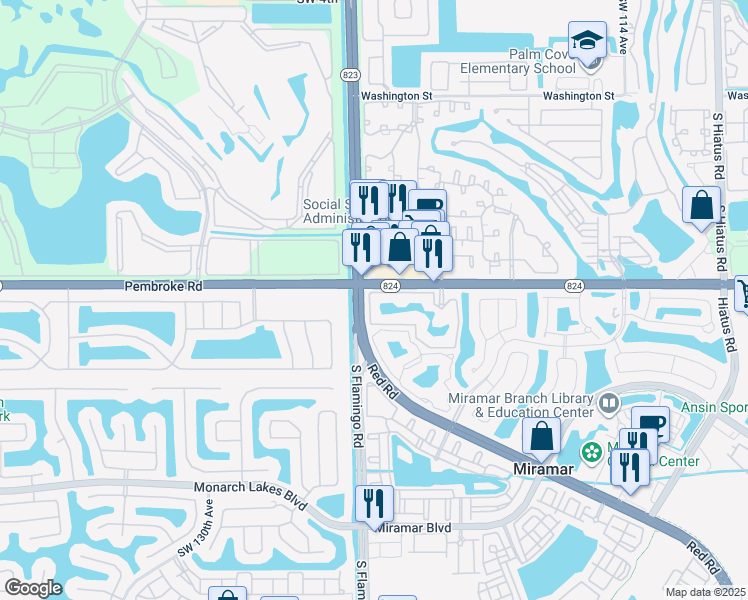 map of restaurants, bars, coffee shops, grocery stores, and more near 12160 Saint Andrews Place in Miramar