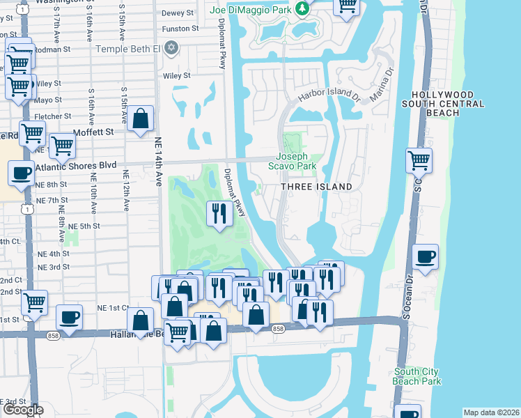 map of restaurants, bars, coffee shops, grocery stores, and more near 601 Three Islands Boulevard in Hallandale Beach