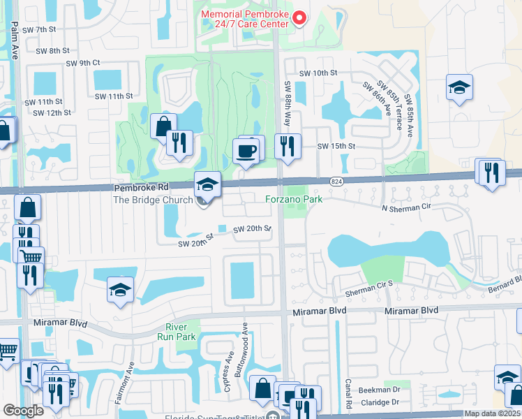 map of restaurants, bars, coffee shops, grocery stores, and more near 8938 Southwest 19th Street in Miramar