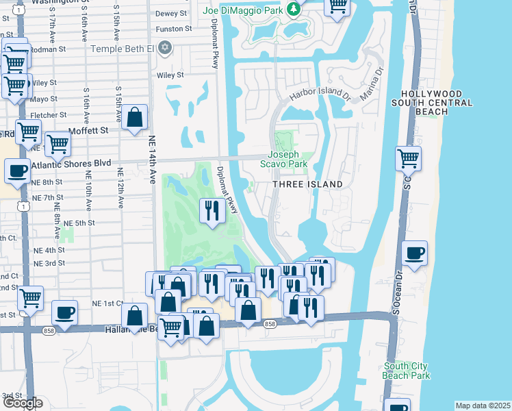 map of restaurants, bars, coffee shops, grocery stores, and more near 601 Three Islands Boulevard in Hallandale Beach