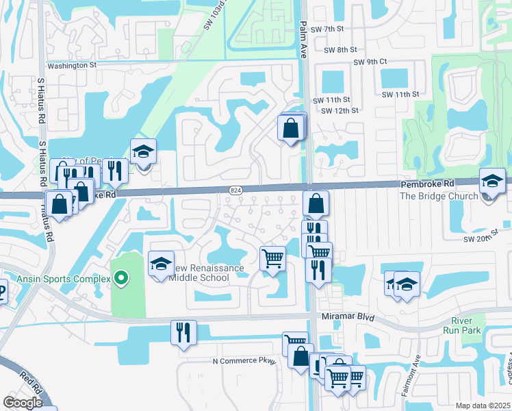 map of restaurants, bars, coffee shops, grocery stores, and more near 1836 Southwest 102nd Way in Miramar