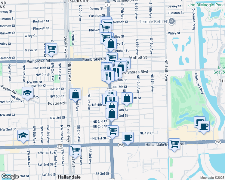 map of restaurants, bars, coffee shops, grocery stores, and more near 610 Northeast 6th Street in Hallandale Beach