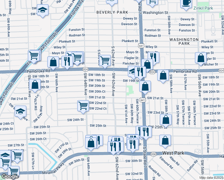map of restaurants, bars, coffee shops, grocery stores, and more near 6165 Southwest 21st Street in Miramar
