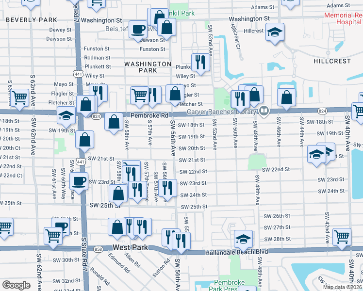 map of restaurants, bars, coffee shops, grocery stores, and more near 5411 Southwest 21st Street in West Park