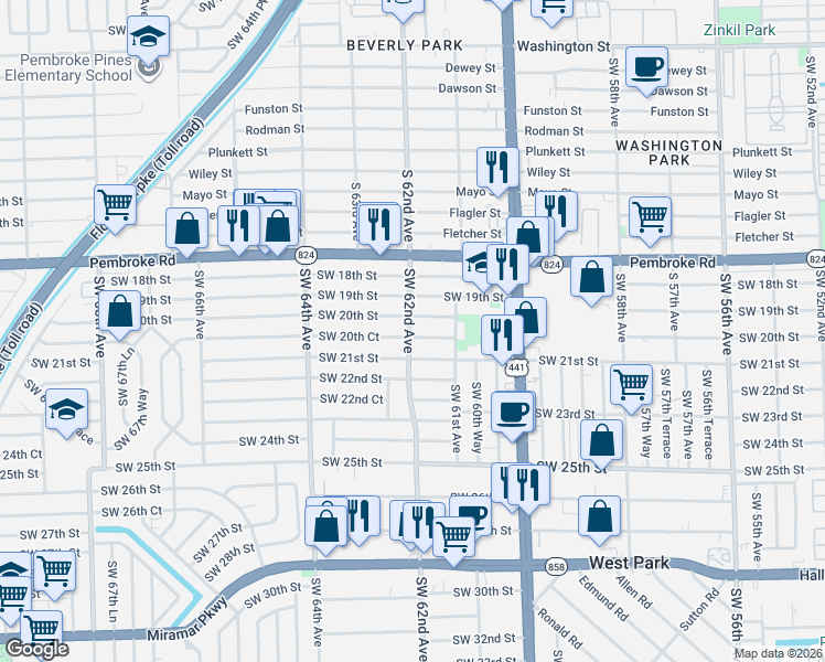map of restaurants, bars, coffee shops, grocery stores, and more near 6165 Southwest 21st Street in Miramar