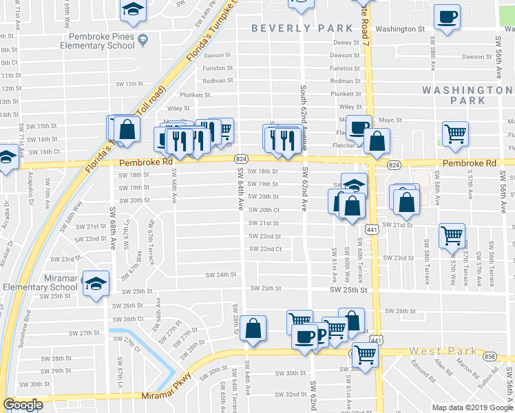 map of restaurants, bars, coffee shops, grocery stores, and more near 6317 Southwest 21st Street in Miramar
