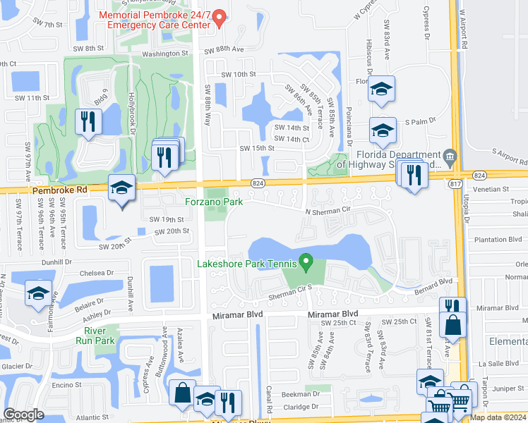 map of restaurants, bars, coffee shops, grocery stores, and more near 8560 Sherman Circle North in Miramar