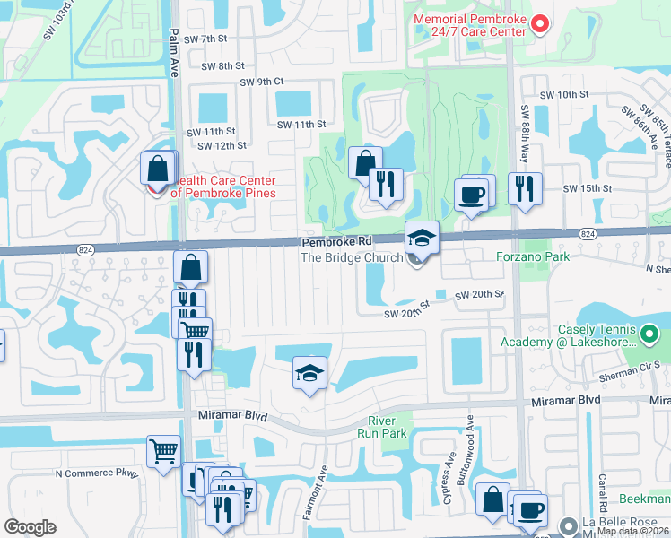 map of restaurants, bars, coffee shops, grocery stores, and more near 1820 Southwest 96th Avenue in Miramar