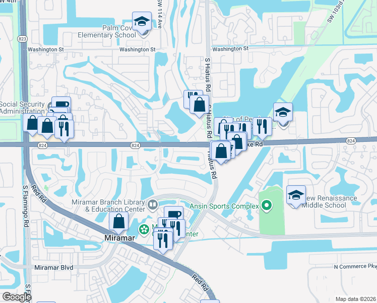 map of restaurants, bars, coffee shops, grocery stores, and more near 11373 Southwest 18th Court in Miramar