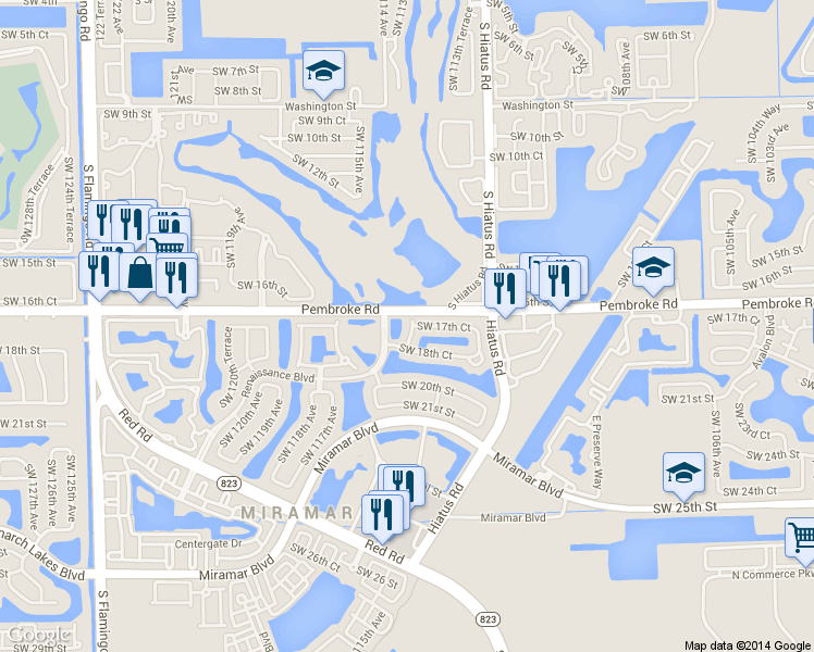 map of restaurants, bars, coffee shops, grocery stores, and more near 2850 Southwest 112th Terrace in Miramar