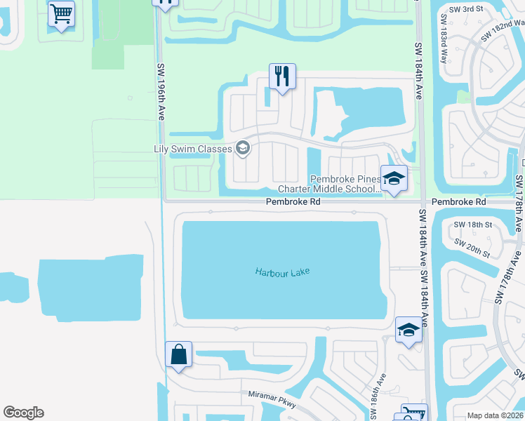 map of restaurants, bars, coffee shops, grocery stores, and more near 19036 Southwest 17th Court in Miramar