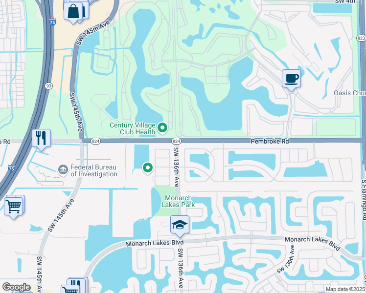 map of restaurants, bars, coffee shops, grocery stores, and more near 1800 Southwest 135th Way in Miramar