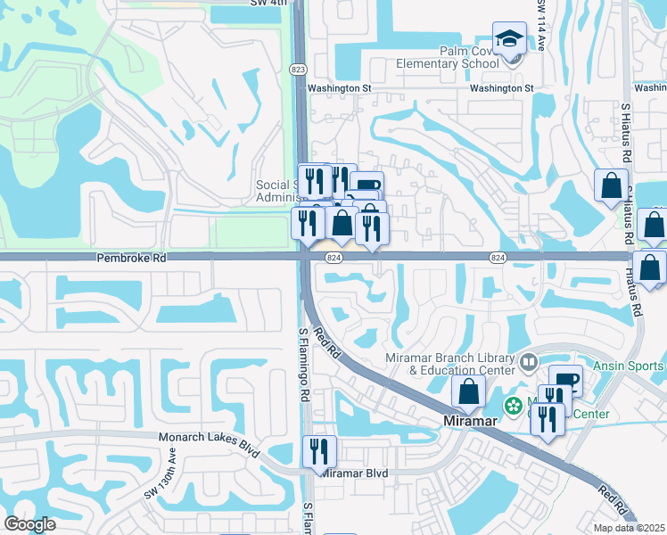 map of restaurants, bars, coffee shops, grocery stores, and more near 12148 St.Andrews Place in Miramar