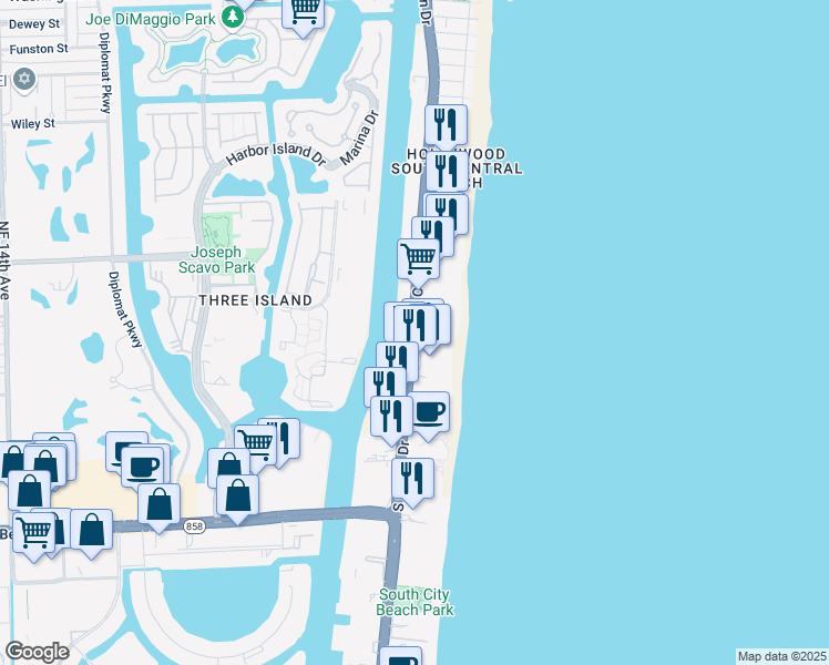 map of restaurants, bars, coffee shops, grocery stores, and more near 3301 South Ocean Drive in Hollywood