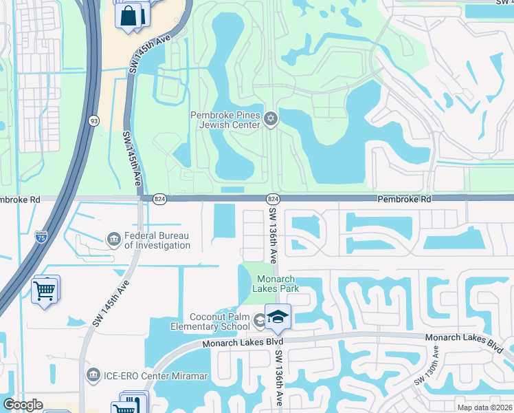 map of restaurants, bars, coffee shops, grocery stores, and more near 13651 Southwest 18th Street in Miramar