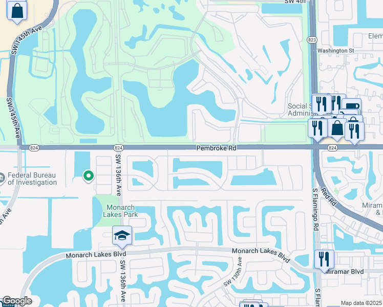 map of restaurants, bars, coffee shops, grocery stores, and more near 13131 Southwest 17th Court in Miramar