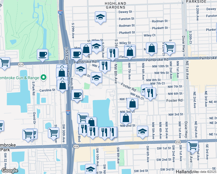 map of restaurants, bars, coffee shops, grocery stores, and more near 823 Northwest 7th Street in Hallandale Beach