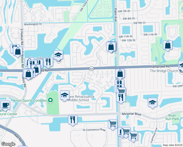 map of restaurants, bars, coffee shops, grocery stores, and more near 10341 Southwest 18th Street in Miramar
