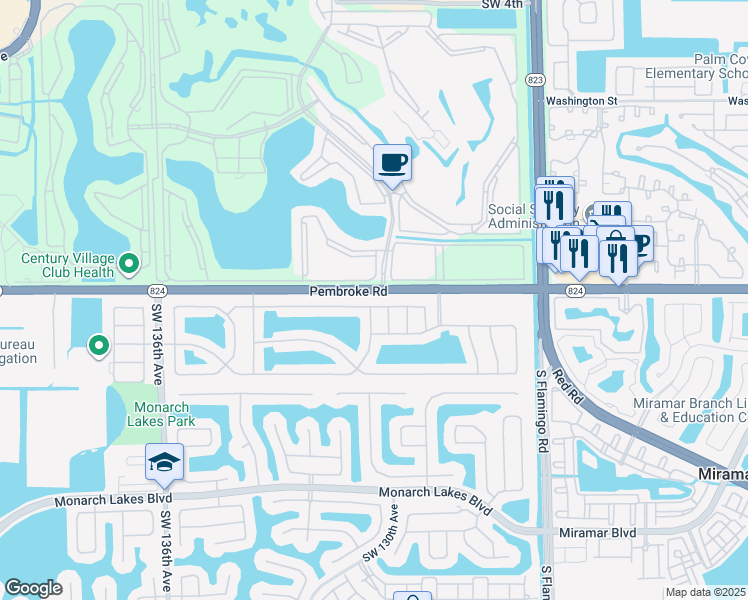 map of restaurants, bars, coffee shops, grocery stores, and more near 12900 Pembroke Road in Miramar