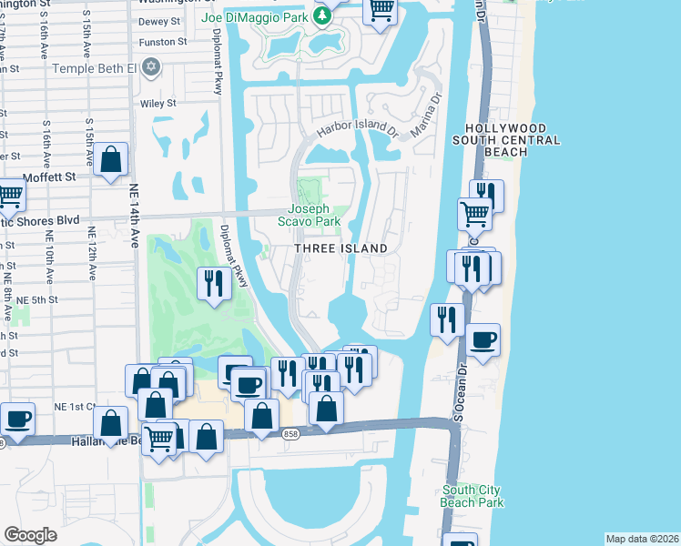 map of restaurants, bars, coffee shops, grocery stores, and more near 2500 Parkview Drive in Hallandale Beach