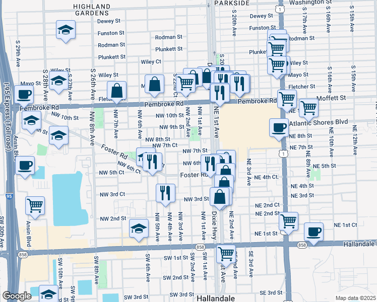 map of restaurants, bars, coffee shops, grocery stores, and more near 208 Northwest 7th Court in Hallandale Beach