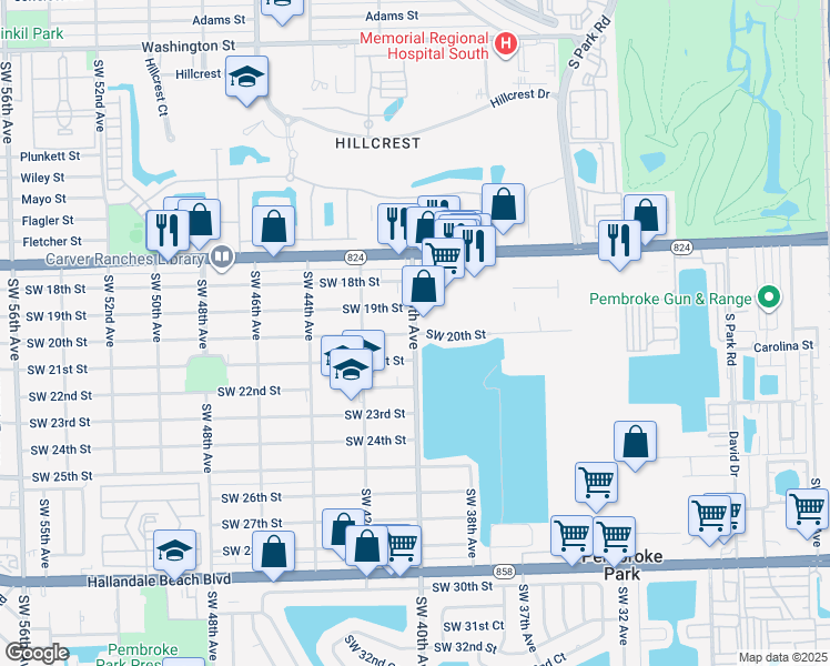 map of restaurants, bars, coffee shops, grocery stores, and more near 4024 Southwest 19th Street in West Park
