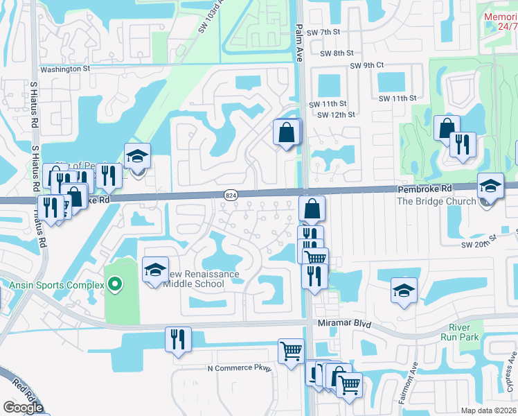map of restaurants, bars, coffee shops, grocery stores, and more near 1809 Southwest 102th Avenue in Miramar