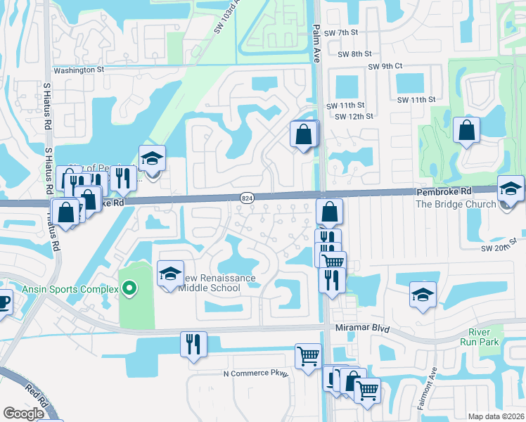 map of restaurants, bars, coffee shops, grocery stores, and more near 1839 Southwest 102nd Way in Miramar