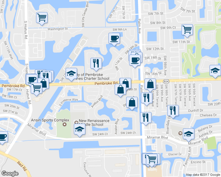 map of restaurants, bars, coffee shops, grocery stores, and more near in Miramar