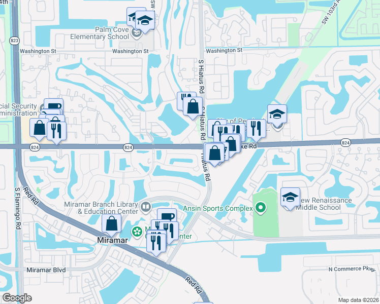 map of restaurants, bars, coffee shops, grocery stores, and more near South Hiatus Road in Pembroke Pines