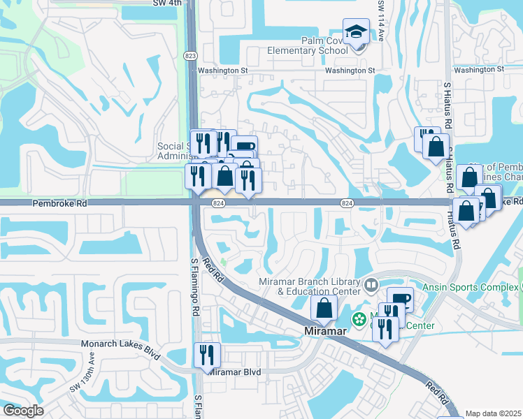 map of restaurants, bars, coffee shops, grocery stores, and more near 12040 South Las Palmas Drive in Pembroke Pines
