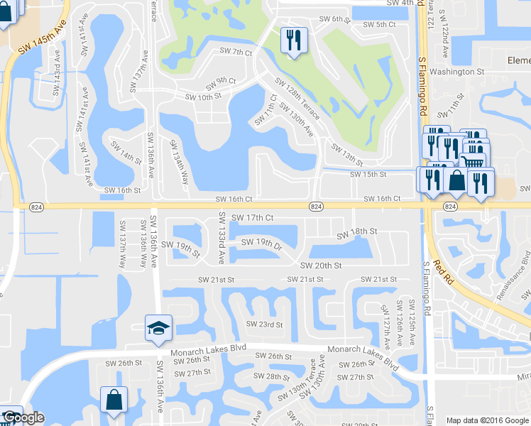 map of restaurants, bars, coffee shops, grocery stores, and more near 1500 Southwest 131st Way in Pembroke Pines