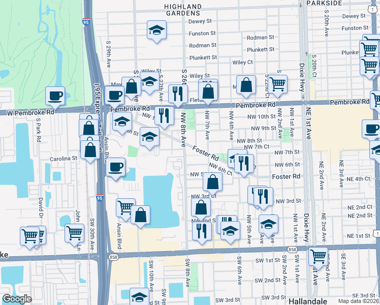 map of restaurants, bars, coffee shops, grocery stores, and more near in Hallandale Beach