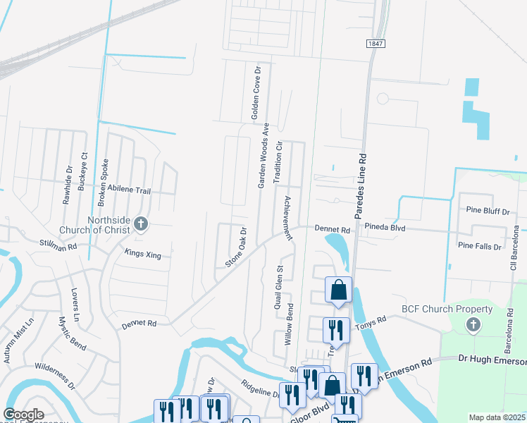 map of restaurants, bars, coffee shops, grocery stores, and more near 6638 Garden Woods Avenue in Brownsville
