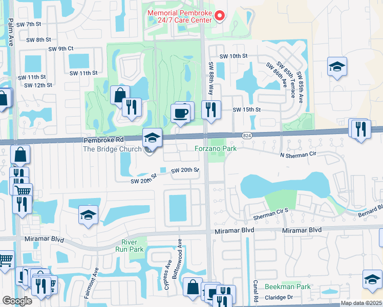 map of restaurants, bars, coffee shops, grocery stores, and more near 1750 Southwest 89th Way in Miramar