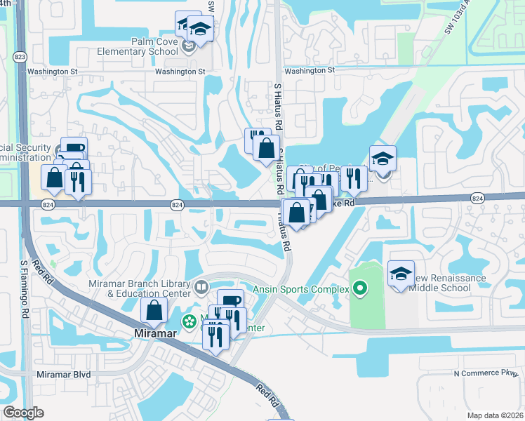 map of restaurants, bars, coffee shops, grocery stores, and more near in Miramar