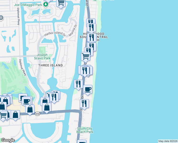 map of restaurants, bars, coffee shops, grocery stores, and more near 3301 South Ocean Drive in Hallandale Beach