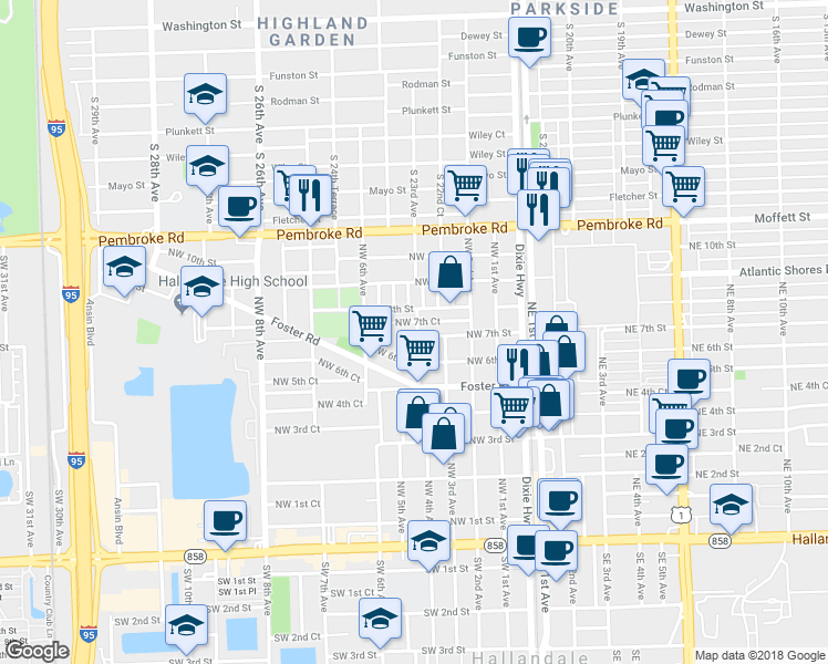 map of restaurants, bars, coffee shops, grocery stores, and more near 401 Northwest 7th Court in Hallandale Beach
