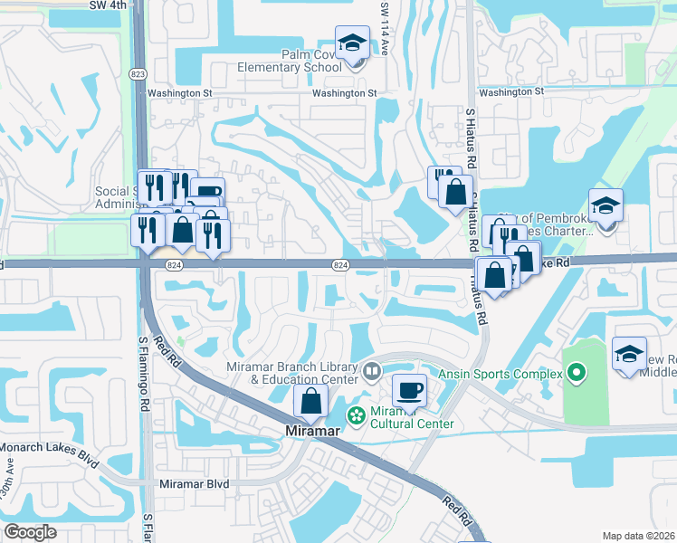 map of restaurants, bars, coffee shops, grocery stores, and more near 155 Pembroke Road in Miramar