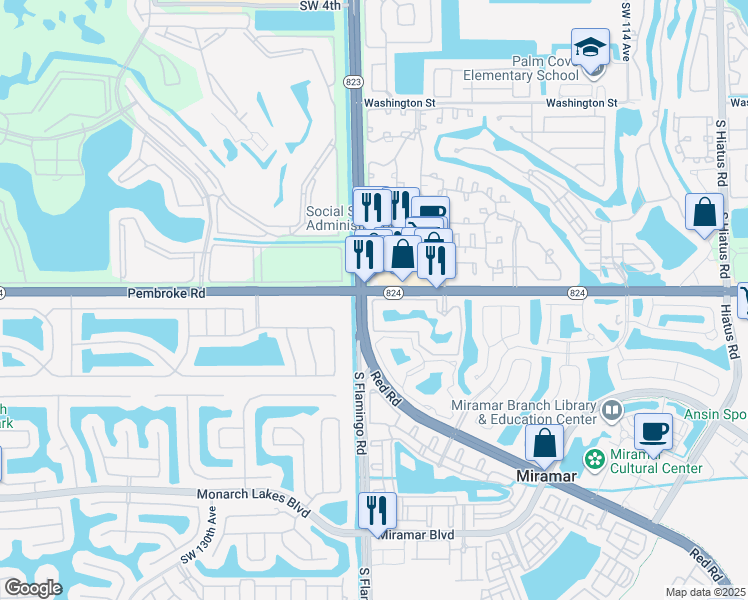 map of restaurants, bars, coffee shops, grocery stores, and more near 12160 Saint Andrews Place in Miramar