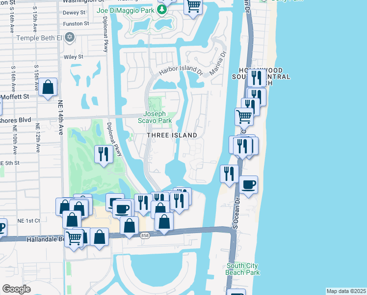 map of restaurants, bars, coffee shops, grocery stores, and more near 2601 Parkview Drive South in Hallandale Beach