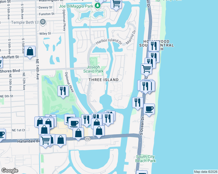 map of restaurants, bars, coffee shops, grocery stores, and more near 2601 Parkview Drive South in Hallandale Beach