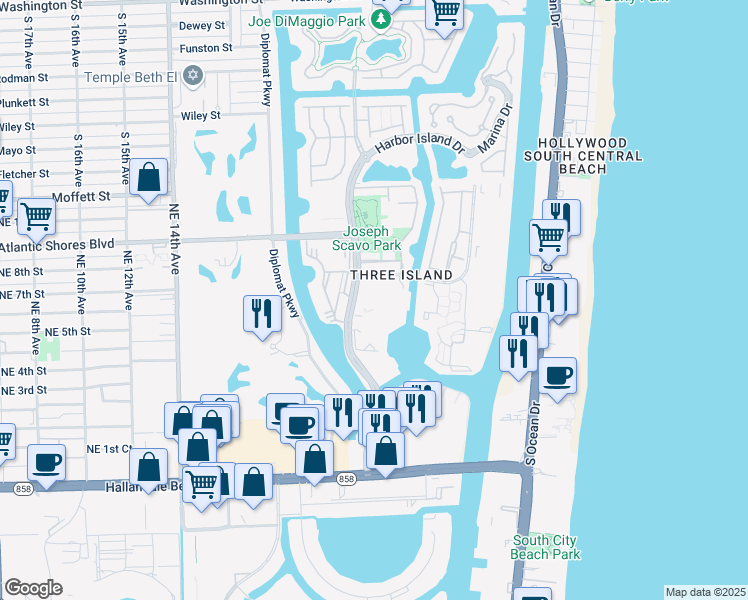 map of restaurants, bars, coffee shops, grocery stores, and more near 2500 Parkview Drive in Hallandale Beach