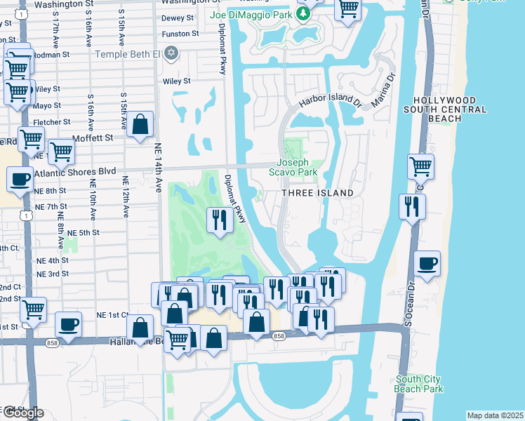 map of restaurants, bars, coffee shops, grocery stores, and more near 601 Three Islands Boulevard in Hallandale Beach