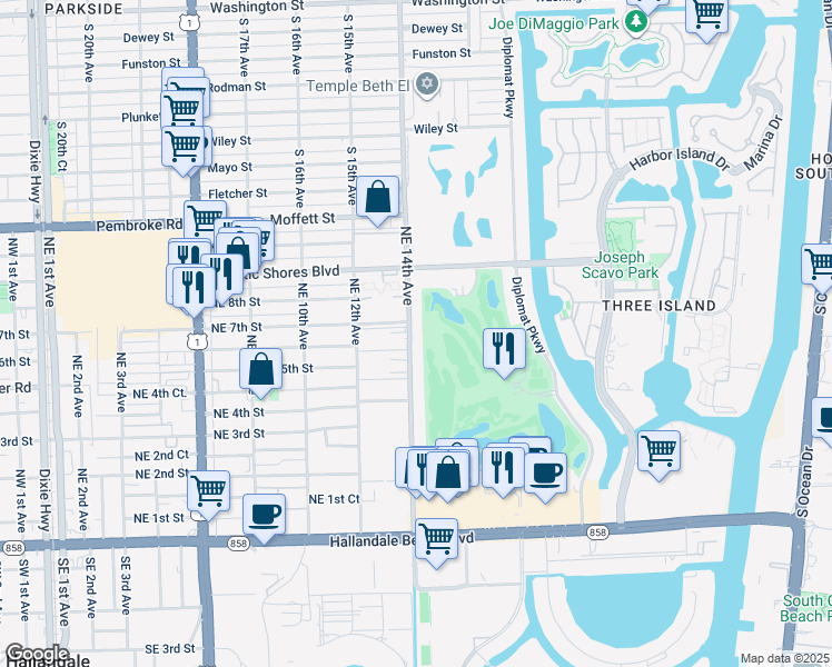 map of restaurants, bars, coffee shops, grocery stores, and more near 600 Northeast 14th Avenue in Hallandale Beach