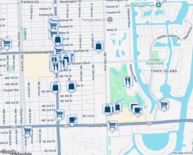 map of restaurants, bars, coffee shops, grocery stores, and more near 1301 Northeast 7th Street in Hallandale Beach