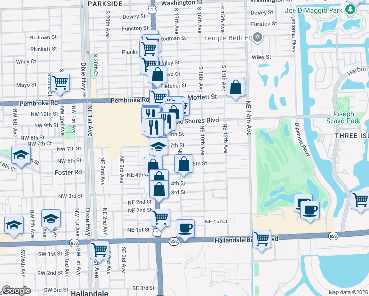 map of restaurants, bars, coffee shops, grocery stores, and more near 801 Northeast 7th Street in Hallandale Beach