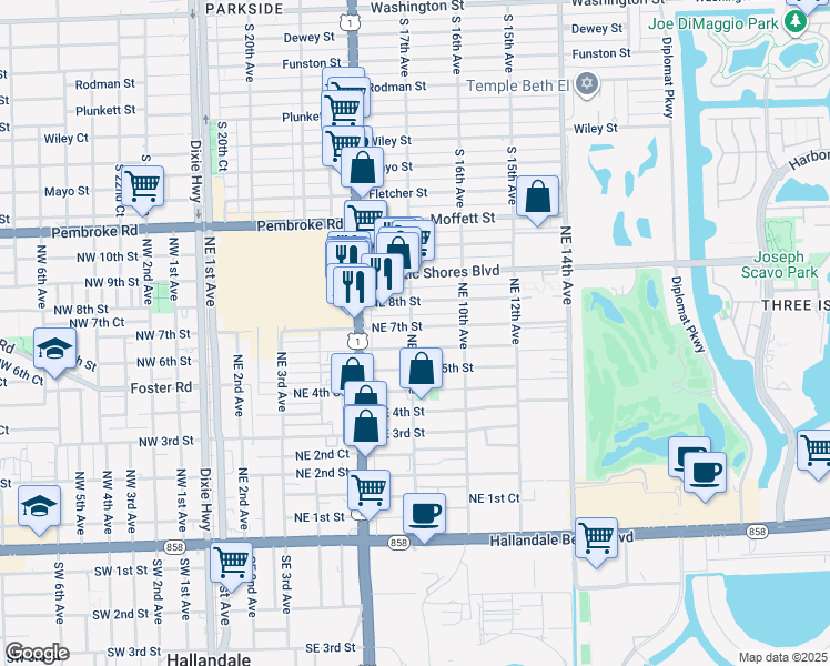 map of restaurants, bars, coffee shops, grocery stores, and more near 801 Northeast 7th Street in Hallandale Beach