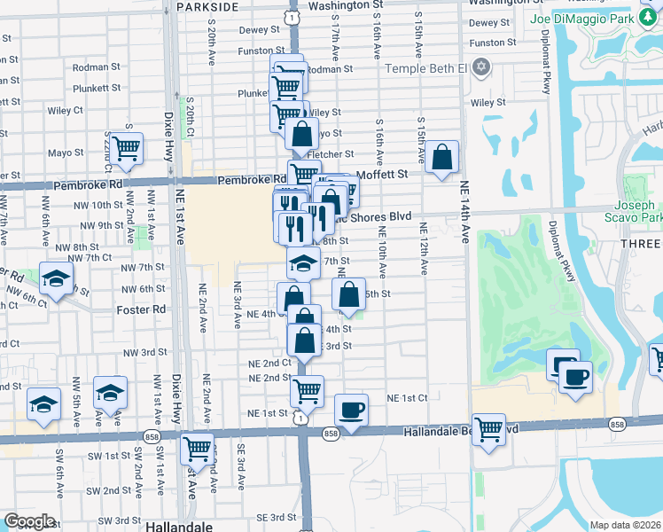 map of restaurants, bars, coffee shops, grocery stores, and more near 801 Northeast 7th Street in Hallandale Beach