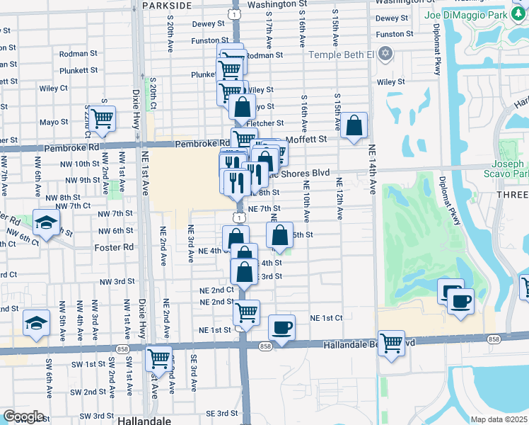 map of restaurants, bars, coffee shops, grocery stores, and more near 801 Northeast 7th Street in Hallandale Beach